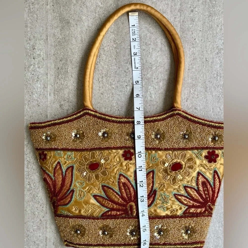 Hand Beaded Silk Indian Tote Bag  | Gold Floral Embroidery - Picture 8 of 8